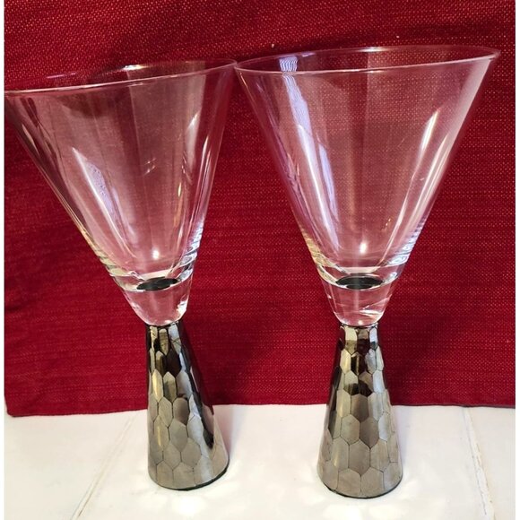 Pair Of 8" Artland Hand Blown Wine Glasses With Platinum-look Hexagonal Base - Picture 8 of 9
